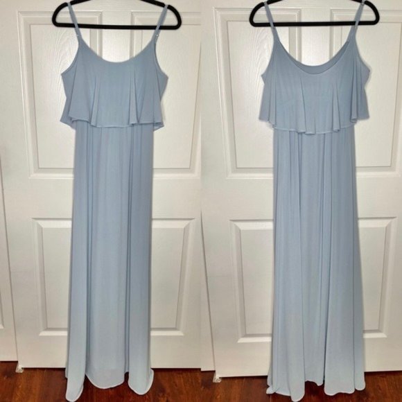 Show Me Your Mumu Caitlin Ruffle Maxi Dress in Steel Blue Chiffon Size Small - Picture 2 of 11